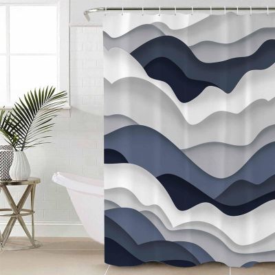 Abstract Shower Curtain for Bathroom 72" x 84" Modern Geometric Ombre Navy Blue Ocean Wave Stripe Shower Curtain with Hooks Polyester Waterproof Home Bathtub Decor
