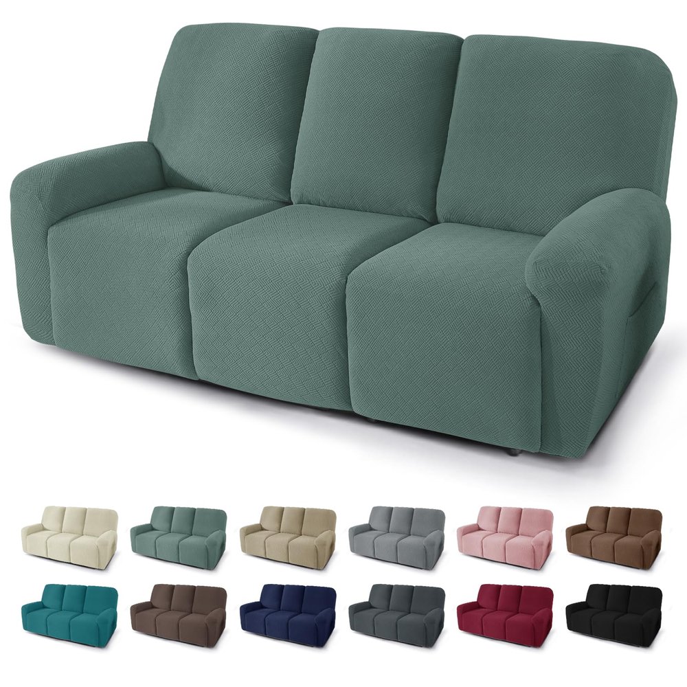 JIVINER 5 Pieces Recliner Sofa Covers Stretch Recliner Sofa Slipcover with Elastic Bottom Jacquard Fitted Reclining 3 Cushion Couch Cover Furniture Protector with Pockets (3 Seater, Pea Green)