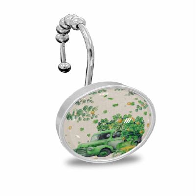 St. Patrick's Day Shower Curtain Hooks, Spring Eucalyptus Leaves Shamrocks Gold Truck 12PCS Shower Curtain Hooks Rings for Bathroom Stainless Steel Rust Resistant Shower Curtain Hangers
