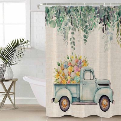 Shower Curtain, Easter Truck with Eggs Spring Flowers Eucalyptus Leaves Linen Shower Curtains for Bathroom Shower Stalls and Bathtubs Decor,Washable Fabric Bath Curtain Set with Hook 72x78 inch