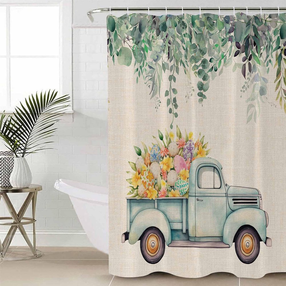 Shower Curtain, Easter Truck with Eggs Spring Flowers Eucalyptus Leaves Linen Shower Curtains for Bathroom Shower Stalls and Bathtubs Decor,Washable Fabric Bath Curtain Set with Hook 72x78 inch