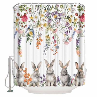 Futuregrace Shower Curtain, Easter Cartoon Gray Rabbit with Floral Shower Curtains for Bathroom Shower Stalls and Bathtubs Decor,Washable Bath Curtain Fabric Shower Curtain Set with Hook 36x78 inch
