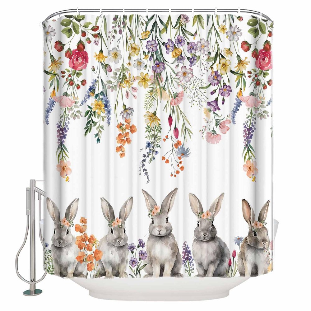 Futuregrace Shower Curtain, Easter Cartoon Gray Rabbit with Floral Shower Curtains for Bathroom Shower Stalls and Bathtubs Decor,Washable Bath Curtain Fabric Shower Curtain Set with Hook 36x78 inch