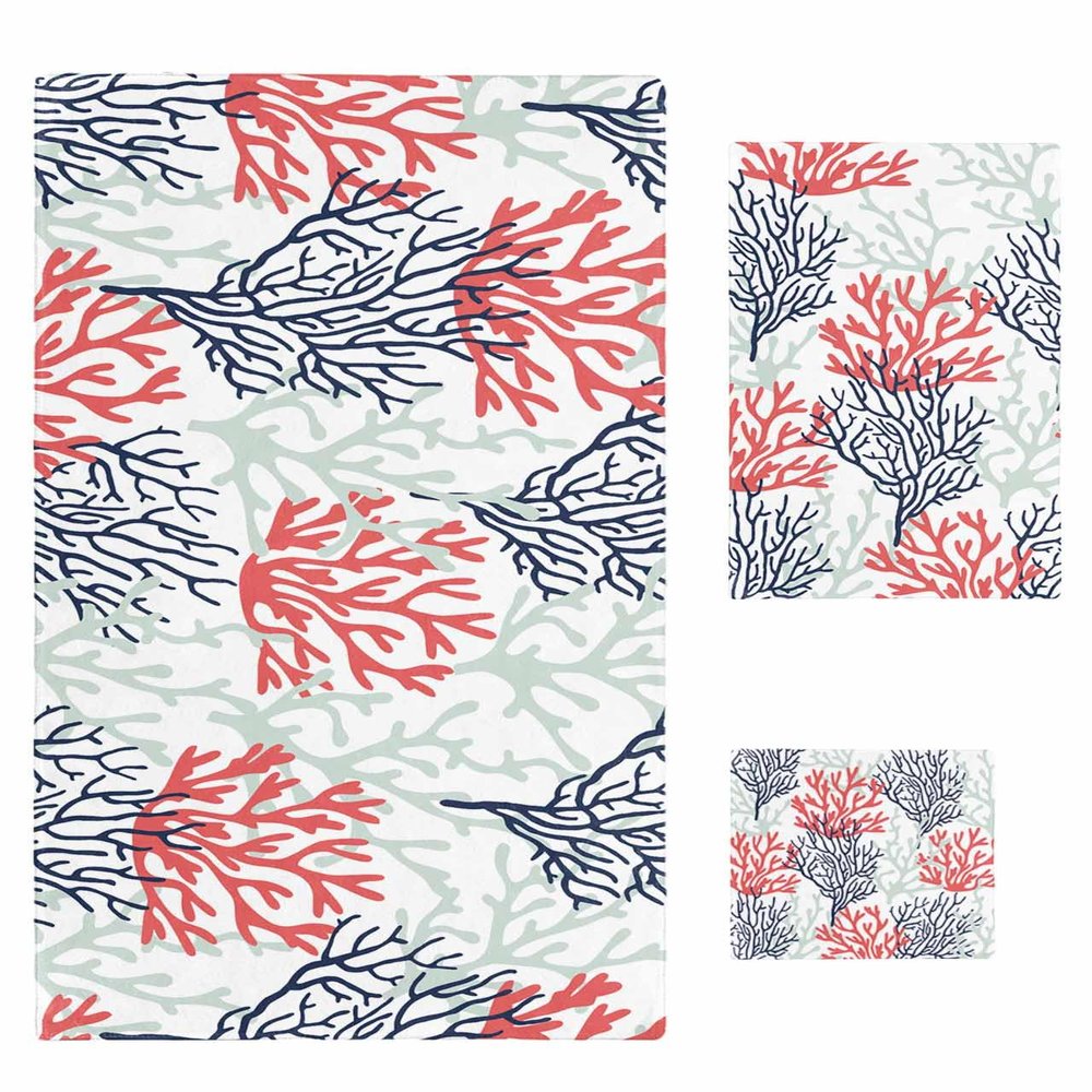 Bath Towel Sets,Summer Red Navy Blue Coral White Bathroom Towels Soft Hand Towel Washcloth Cotton Towel Set,Absorbent Soft Bath Set for Hotel Beach Pool Coastal Marine Theme Sealife Towels