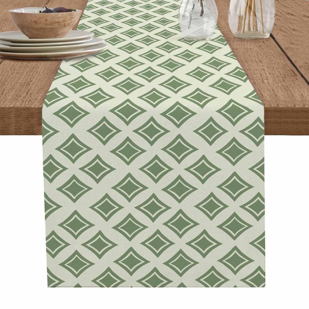 Abstract Green Table Runner 120 Inches Long for Dining Table, Washable Cotton Linen Farmhouse Table Runners Dresser Scarf for Kitchen Party Holiday Modern Contemporary Minimalism Art