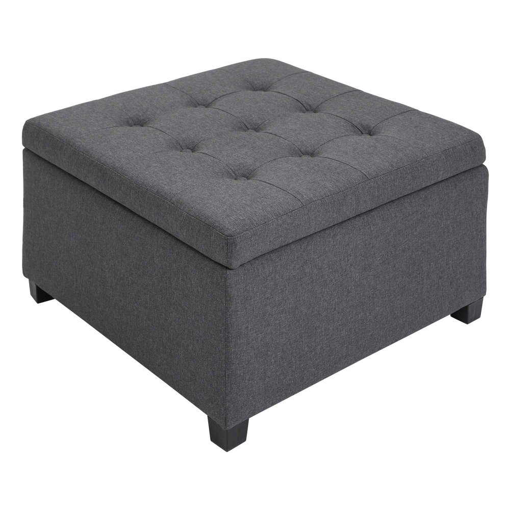 CHARMMA Fabric Tufted Storage Ottoman with Flip Top Seat Lid, Metal Hinge and Stable Eucalyptus Wood Frame for Living Room, Entryway, or Bedroom, Grey