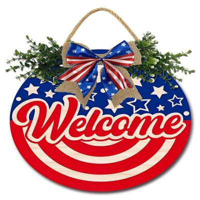 FemiaD 4th of July Welcome Sign for Front Door Round Wooden Patriotic Stars Door Hanger Memorial Day Independence Day Patriotic Wreath Sign for Door Wall Farmhouse Porch Decor 12inch