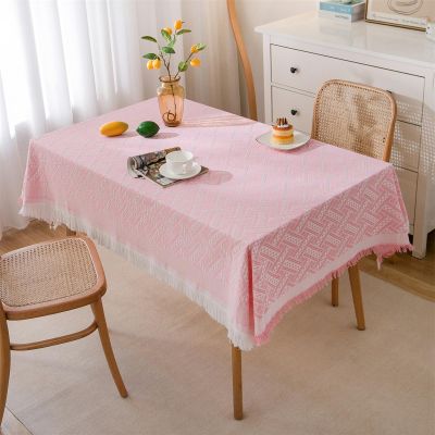 XHDZSW Rectangle Tablecloth, Washable Cotton Linen Table Cloth Wrinkle Free Tassel Decoration for Outdoor Coffee Table, Kitchen, Dining, Tabletop Decoration (Pink,90x90cm)