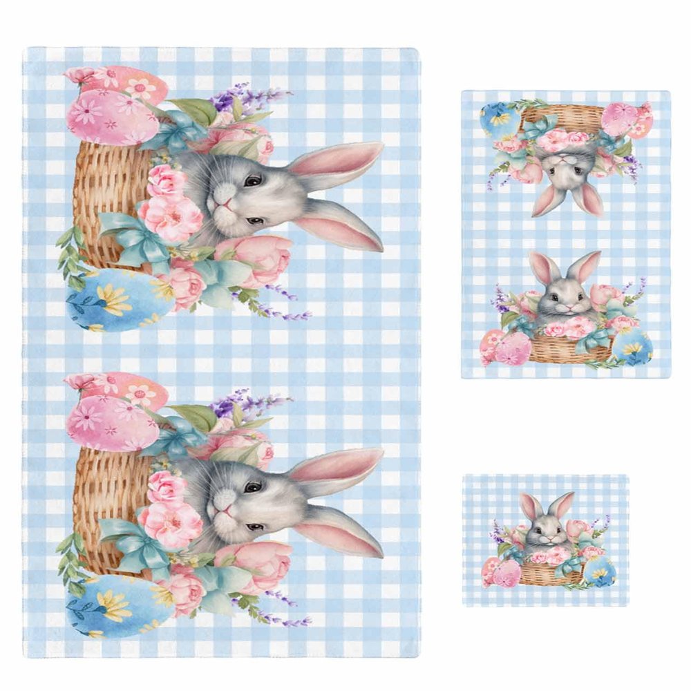 Bath Towel Sets,Easter Bunny Egg Floral Blue White Buffalo Plaid Bathroom Towels Soft Hand Towel Washcloth Cotton Towel Set,Absorbent Soft Bath Set for Hotel Beach Pool Rabbit Flower Towels