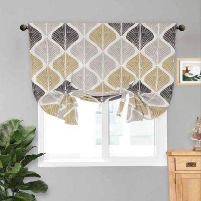 Abstract Floral Tie Up Curtains for Small Windows, Vintage Geometric Art Gray Gold Black Adjustable Shade Valance Light Filter Rod Pocket Curtains for Living Room Bedroom, W42 x L63 Inches, 1 Panel