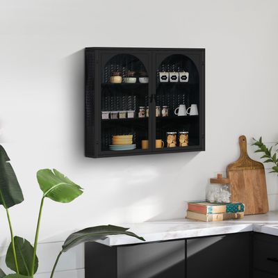 CHARMMA 27.56" Glass Doors Modern Two-Door Wall Cabinet with Featuring Three-Tier Storage for Entryway Living Room Bathroom Dining Room,Wall Cabinet with Characteristic Woven Pattern,Black-60