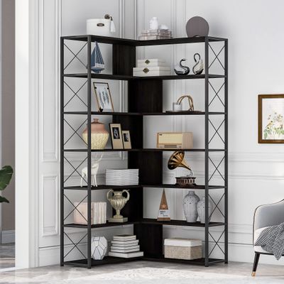 AIYIBETY Bookshelf Organizer,7-Tier Bookcase Home Office Bookshelf, L-Shaped Corner Bookcase with Metal Frame, Industrial Style Shelf with Open Storage, MDF Board
