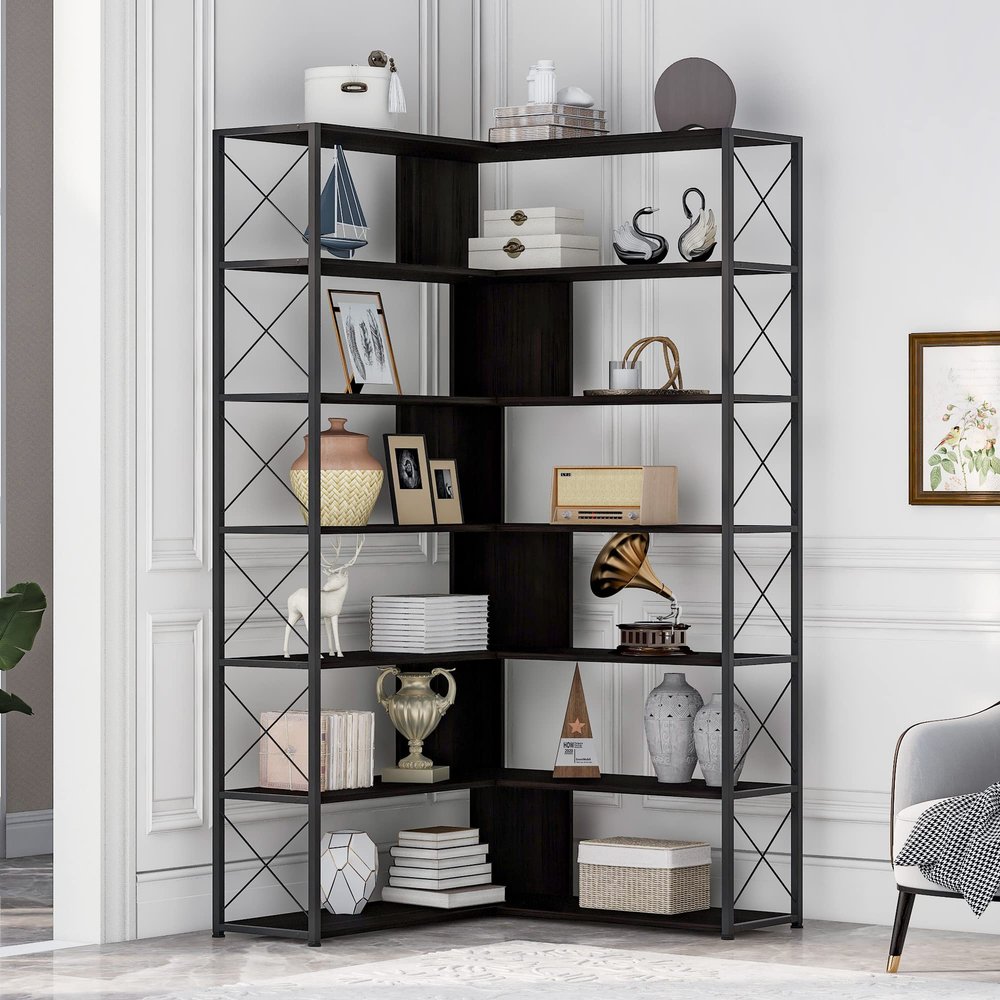 AIYIBETY Bookshelf Organizer,7-Tier Bookcase Home Office Bookshelf, L-Shaped Corner Bookcase with Metal Frame, Industrial Style Shelf with Open Storage, MDF Board