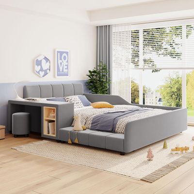 Tdewlye Modern Full Size Upholstered Grounded Bed Mother & Child Bed Velvet Fabric Upholstered Floor Platform Bed with Bedside Desk and Little Round Stool for Kids Teens Boys Girls (Gray-@9)