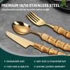 40-piece gold bamboo silverware set, bamboo handle flatware set for 8, stainless steel cutlery set for dinner,forks and spoons utensils to gorecommened hand washing view 3