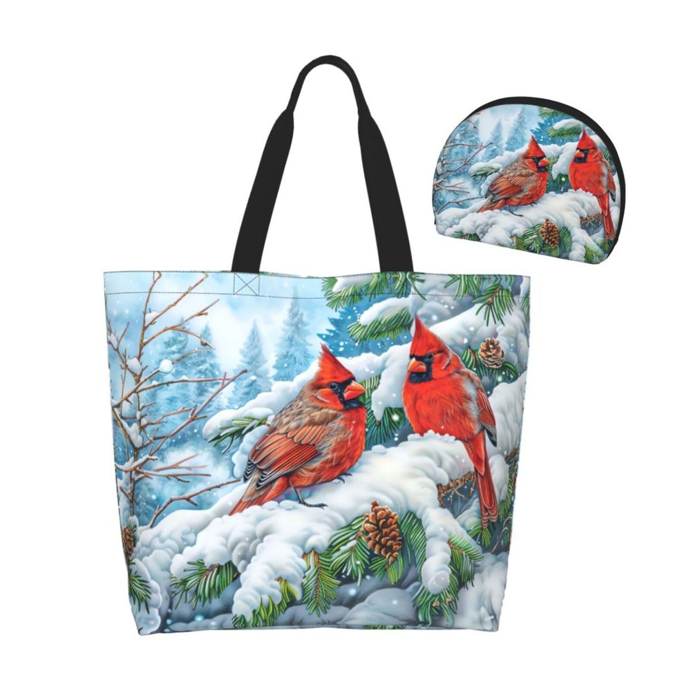 GTEVUTS Christmas Cardinal Birds Tote Bag Large with Handles -Reusable Grocery Bag Funny Cute Shopping Bag for Women Men Beach Travel Gym (with Coin Purse)