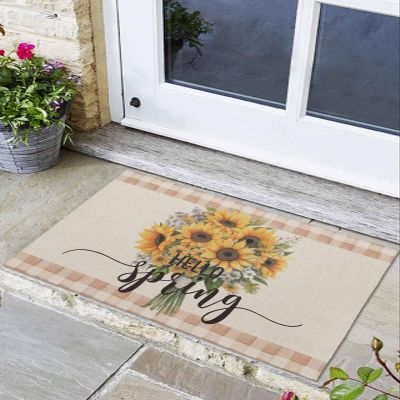 Bathroom Rugs,Watercolor Sunflower Rustic Spring Kitchen Rug Non-Slip Rubber Backing Doormat,Floral Bouquet Leaves on Vintage Linen Absorbent Bath Mat Washable Floor Mats for Bedroom Entryway 24x36in