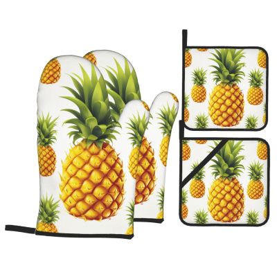 CSGJMYGS Oven Mitts and Pot Holders Set of 4 Heat Resistant Oven Glove and Hot Pads Yellow Pineapple Kitchen Oven Mittens Non-Slip Potholder for Cooking Baking Grilling