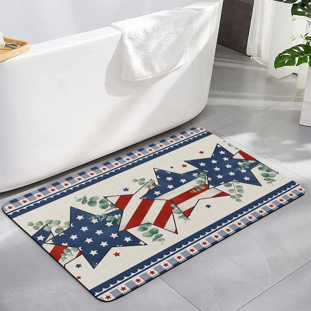 Bath Mat Absorbent Bathroom Rug,American Flag Stars July 4th Non Slip Bath Rugs Diatomite Stone Shower Mat,Eucalyptus Leaves Blue Plaid Edge on Vintage Linen Washable Doormat Kitchen Mats 16x24in
