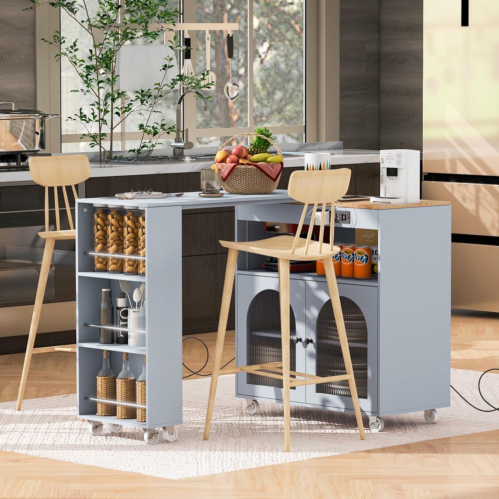 KTATK Rolling Kitchen Island with LED Lights and Extended Table,Storage Cart on Wheels W/Power Outlets & 2 Fluted Glass Doors,A Compartment,Side 3 Open Shelves,for Home Dining Room,Grey