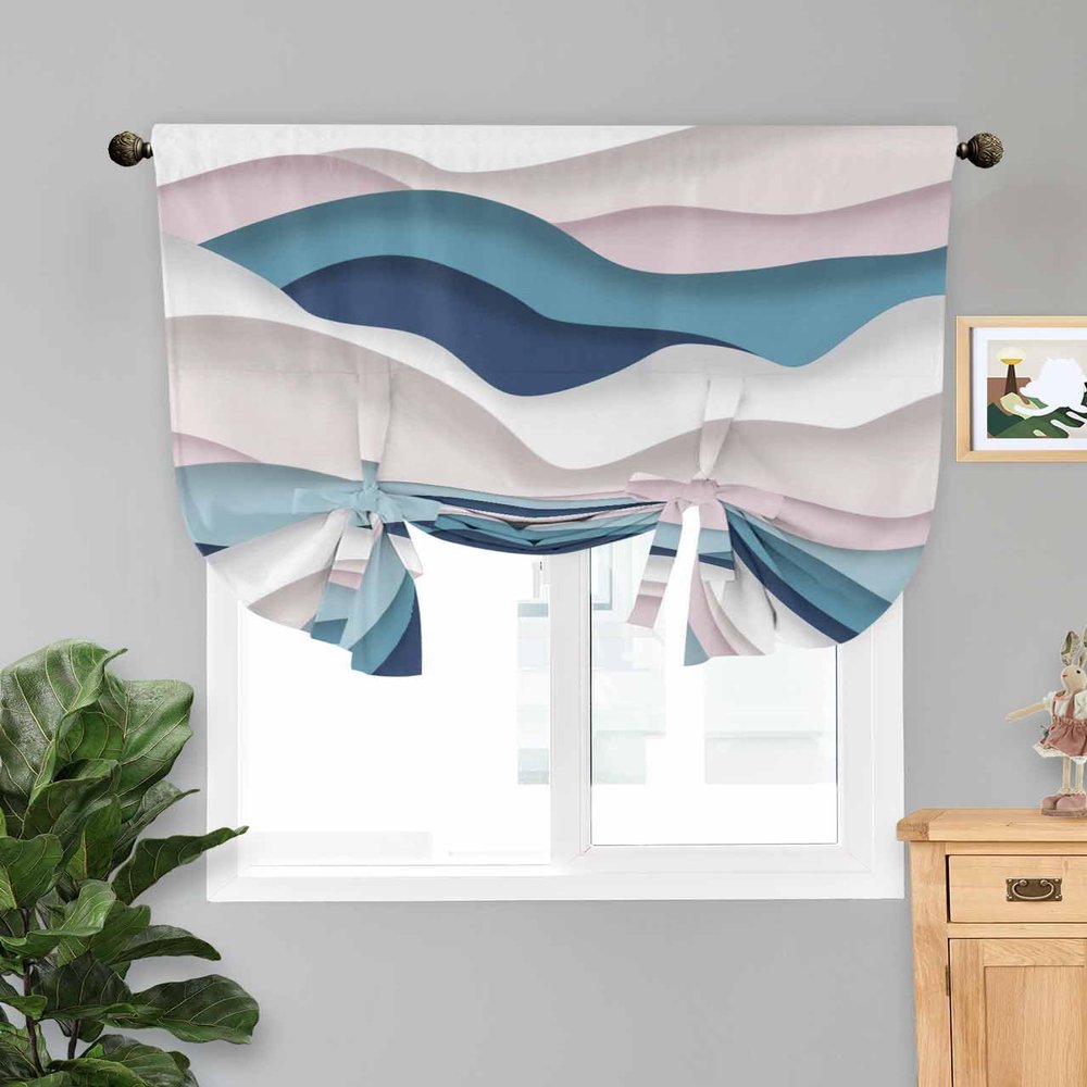 Abstract Tie Up Curtains for Small Windows, Modern Geometric Ombre Blue Pink Ocean Wave Stripe Adjustable Shade Valance Light Filter Rod Pocket Curtains for Living Room, W42xL54 Inches, 1 Panel