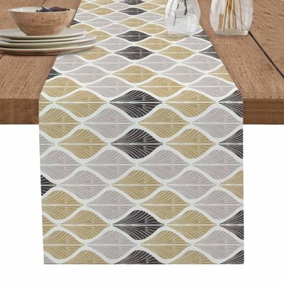 Abstract Geometric Leaves Table Runner 90 Inches Long for Dining Table, Washable Cotton Linen Farmhouse Table Runners Dresser Scarf for Kitchen Party Holiday Modern Nordic Gray Black Gold