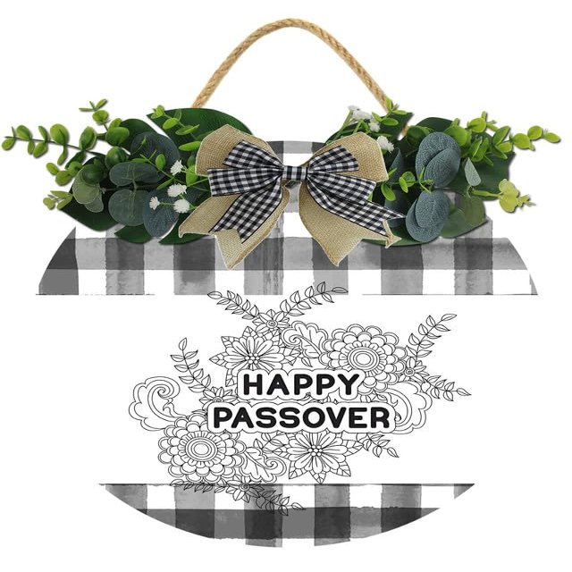 Uptell Happy Passover Day Wood Plaque 12 Inches Wreath Passover Sign for Home Door Entryway Porch Farmhouse Decor