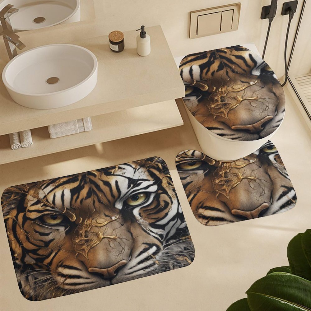 ZGDPBYF Tiger Wildlife Bathroom Rugs Sets 3 Piece White Brown Golden Ferocious Tiger Non Slip Bath Mats for Bathroom Floor, Soft Washable Bathroom Mats and Rugs Sets for Toilet Shower Sink