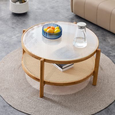 CHARMMA Modern Simple Circular Double-Layer Solid Wood Tea Table Rattan Woven Chinese Side Table Small Round Table Suitable for Living Room,Dining Room and Bedroom,258