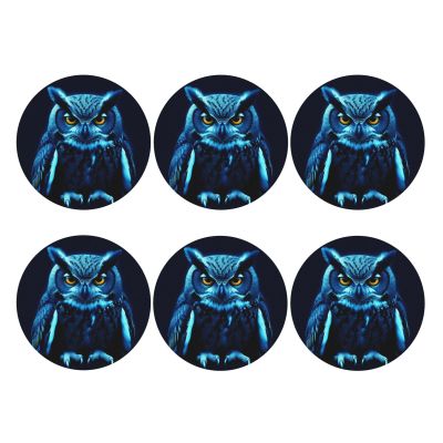 6Pcs Drink Coasters for Drinks Tabletop Protection, Blue Owl Leather Coaster for Kinds of Cups, Absorbent Cup Coaster for Coffee Table Home Decor 4" Cup Mat Pad