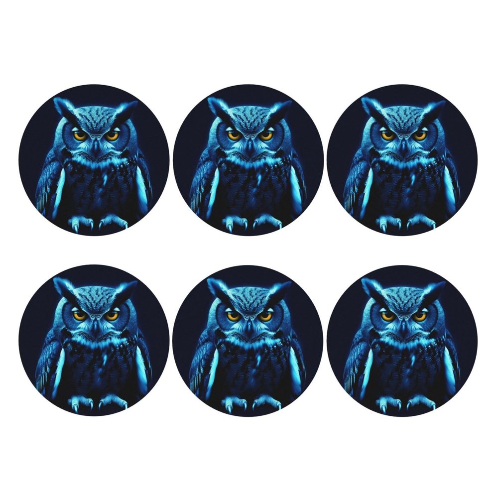 6Pcs Drink Coasters for Drinks Tabletop Protection, Blue Owl Leather Coaster for Kinds of Cups, Absorbent Cup Coaster for Coffee Table Home Decor 4" Cup Mat Pad