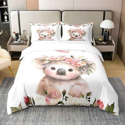 Feelyou Cute Koala Bedding Set Twin Size Kids Cartoon Animal Comforter Cover Set for Boys Girls Teens Flower Floral Print 100% Cotton Duvet Cover Farm Zoo Garden Theme Bedspread Cover Quilt Cover