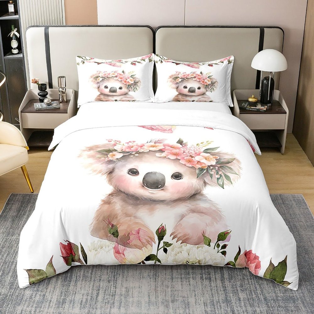 Feelyou Cute Koala Bedding Set Twin Size Kids Cartoon Animal Comforter Cover Set for Boys Girls Teens Flower Floral Print 100% Cotton Duvet Cover Farm Zoo Garden Theme Bedspread Cover Quilt Cover