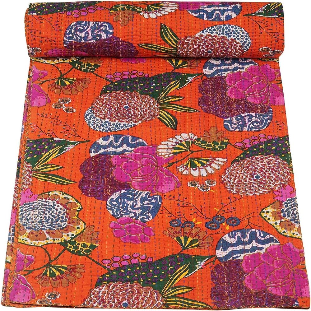 GDONLINE Indian Handmade Stitched Pure Cotton Fruit Print Kantha Quilt, Reversible Kantha Quilt, Home Dorm Decor Bedspread, Kantha Blanket Throw, (Orange, Twin 90" x 60")