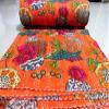 GDONLINE Indian Handmade Stitched Pure Cotton Fruit Print Kantha Quilt, Reversible Kantha Quilt, Home Dorm Decor Bedspread, Kantha Blanket Throw, (Orange, Twin 90" x 60") view 3