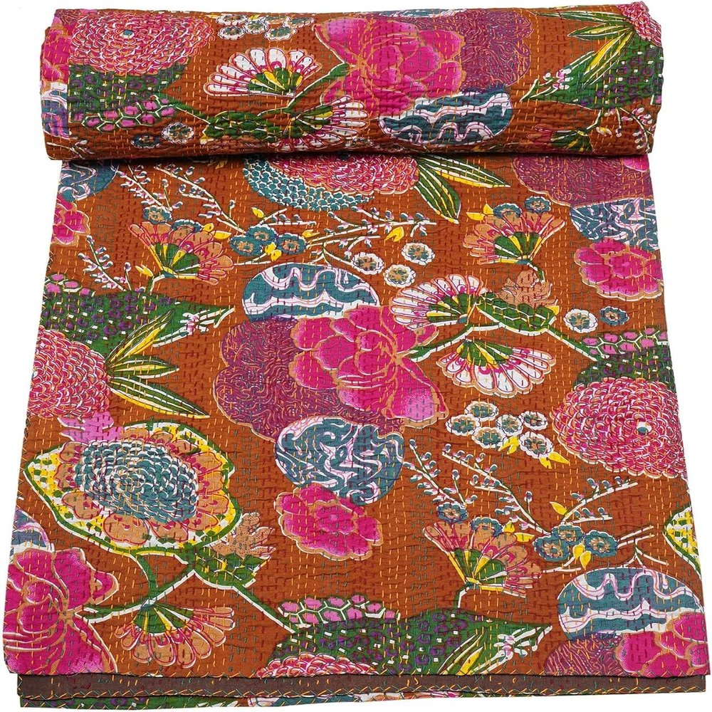 GDONLINE Indian Handmade Stitched Fruit Print Pure Cotton Kantha Quilt, Reversible Kantha Quilt, Home Dorm Decor Bedspread, Kantha Blanket Throw, (Brown, Queen 90" x 108")