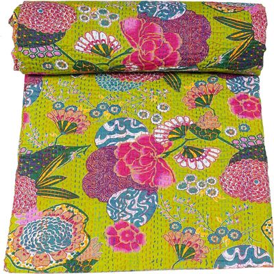 GDONLINE Indian Handmade Stitched Pure Cotton Fruit Print Kantha Quilt, Reversible Kantha Quilt, Home Dorm Decor Bedspread, Kantha Blanket Throw, (Parrot Green, Twin 90" x 60")