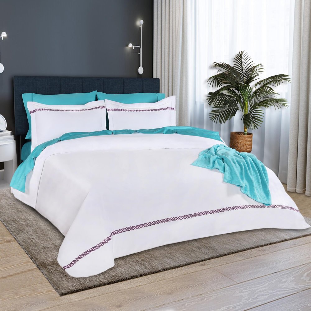 Superior Egyptian Cotton Duvet Cover Set, 1000 Thread Count, Hidden Button Closure, Soft Bedding Basics, 1 Duvet Cover, 2 Pillow Shams, Solid, Infinity Scroll Embroidery, Full/Queen, White-Plum