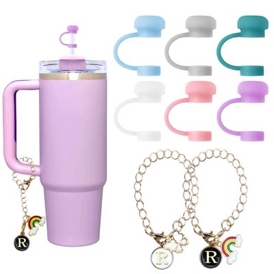 6 Pcs Straw Covers for Stanley 30 & 40 Oz Cup and 2 Pcs Letter Charm Accessories, 10mm Cute Straw Toppers, Dust-Proof and Leak-Proof Reusable Silicone Straw Caps, Stanley Cup Accessories