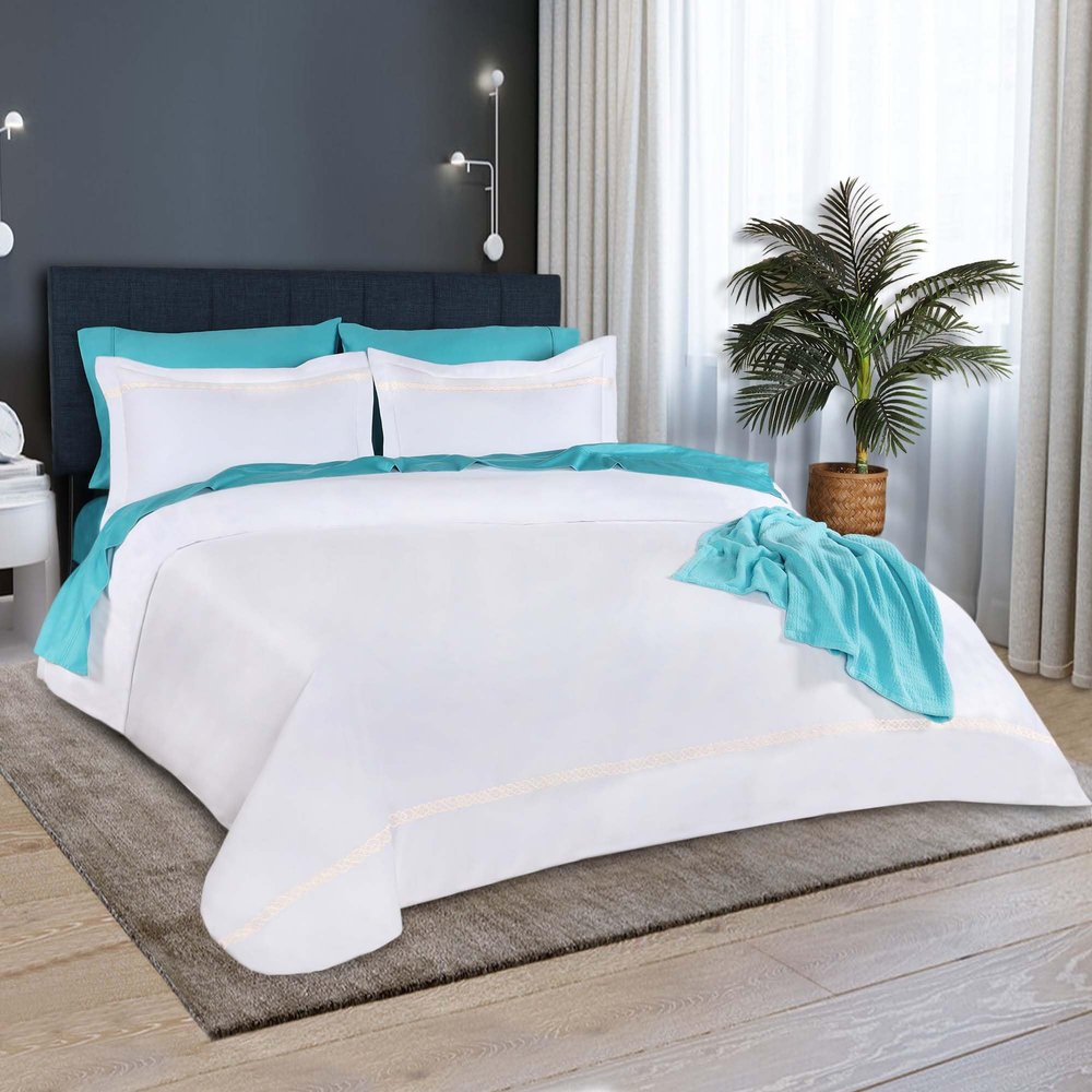 BNM Egyptian Cotton Duvet Cover Set, 1000 Thread Count, Hidden Button Closure, Soft Bedding Basics, 1 Duvet Cover, 2 Pillowshams, Solid, Infinity Scroll Embroidery, King/California King, White-Ivory
