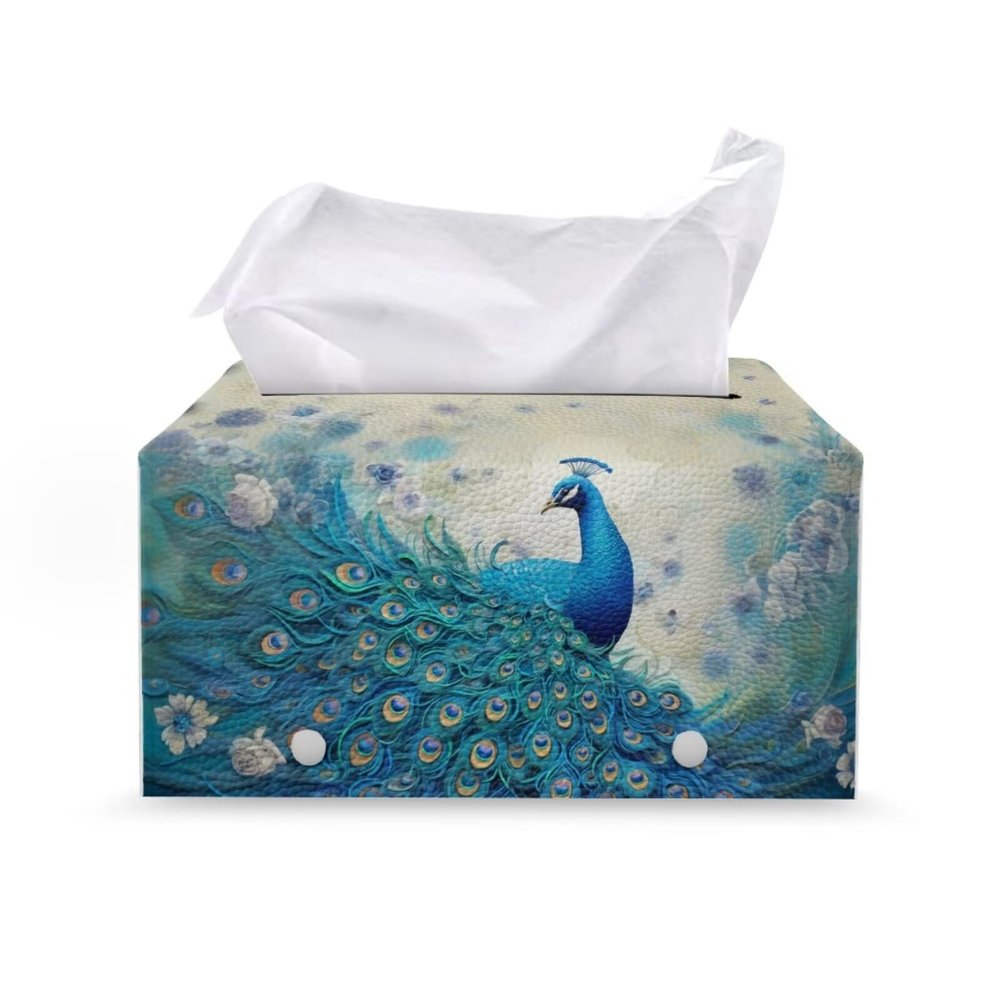 Yuuxorilu Peacock Tissue Box Cover Stylish PU Leather Rectangular Tissue Box Holder for Bathroom Living Room Bedroom Vanity Countertop Night Stands Office Desk Car Home