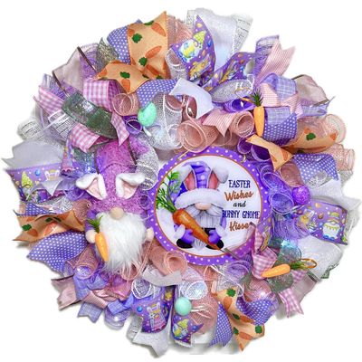Handmade Easter Bunny Gnome Kisses Prelit Ribbon Wreath 22 in LED W13
