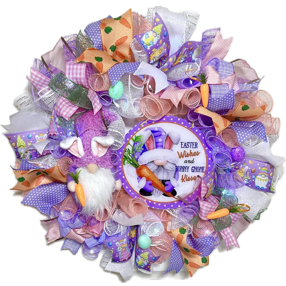 Handmade Easter Bunny Gnome Kisses Prelit Ribbon Wreath 22 in LED W13