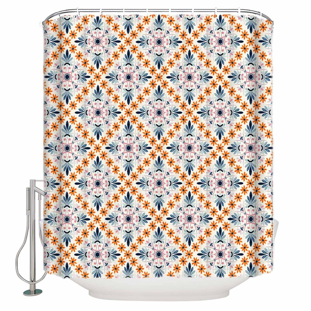 Boho Geometric Flower Shower Curtain Set with Hook 48"x72",Washable Cloth Polyester Fabric Shower+Curtain,Waterproof Bath Curtains for Bathroom,Bathtubs Accessories Spring Summer Colorful Botanical