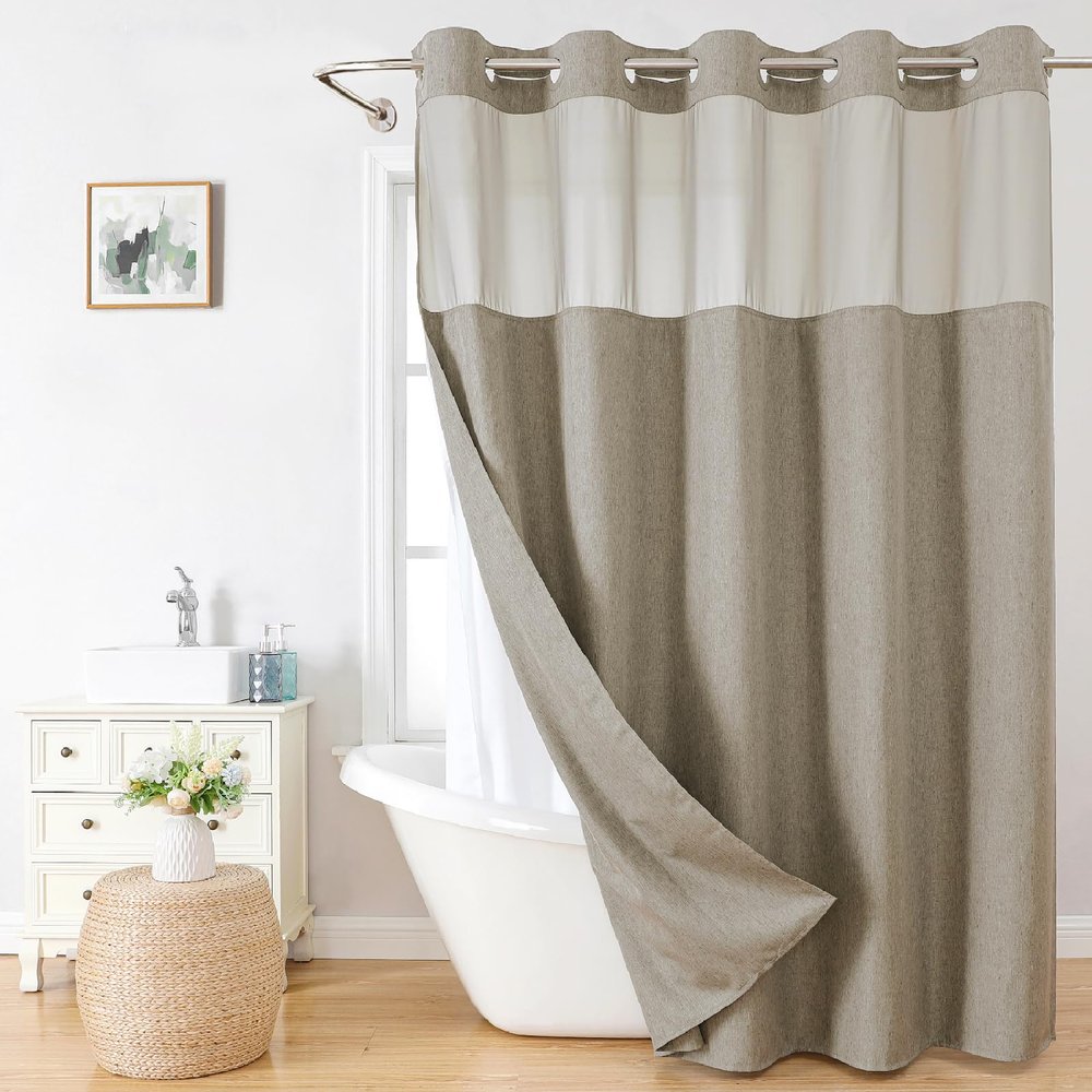 eachope No Hooks Needed Linen Textured Shower Curtain with Snap-in Fabric Liner Set,Hotel Luxury Decor Shower Curtains for Bathroom with Mesh Top Window,Waterproof & Washable,71Wx74H,Khaki/Tan