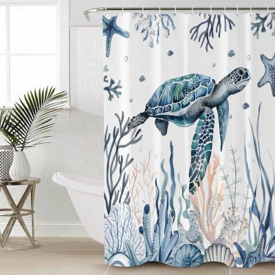 Sea Turtle Shower Curtain Set with Hook 72"x72",Washable Cloth Polyester Fabric Shower+Curtain,Waterproof Bath Curtains for Bathroom,Bathtubs Accessories Blue Ocean Beach Coastal Coral Seaweed Fish