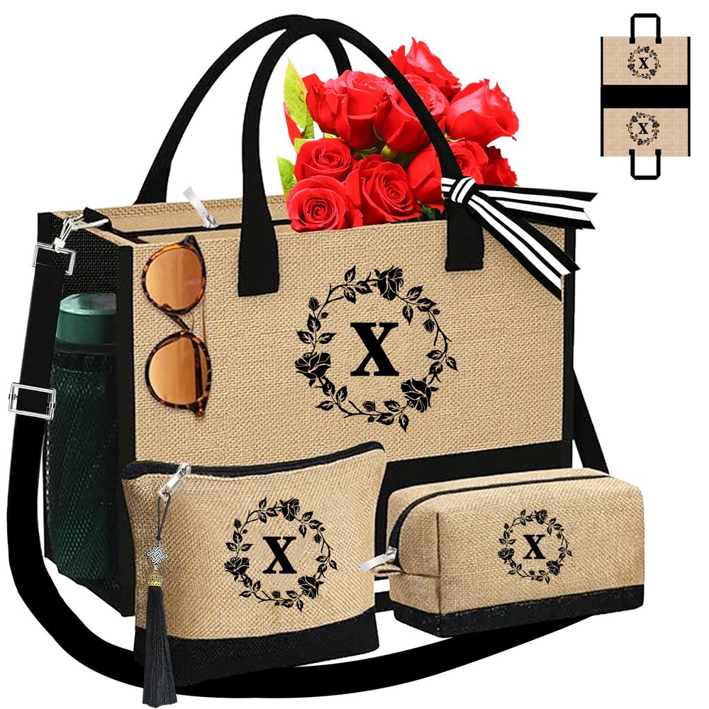 Adoryoung Monogrammed Tote Bags, 3Pcs Unique Birthday Gifts for Women Initial Personalized Jute & Makeup Bag Tote Bags for Women Her Girlfriend Friends Female Sister Teacher Mom (X)