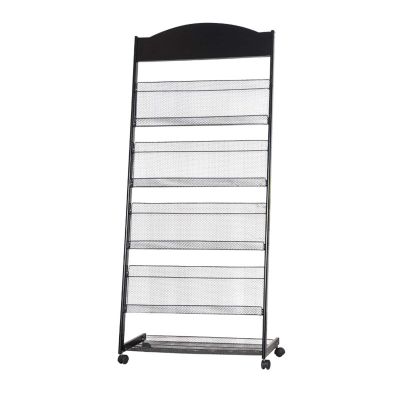 SRHIMEOS Floor-Standing Wire Magazine Rack 25x14x57inch, 4-Layer Brochure Display Stand, Metal Literature Stand with Wheels, Newspaper Rack for Exhibition Office, Easy to Move