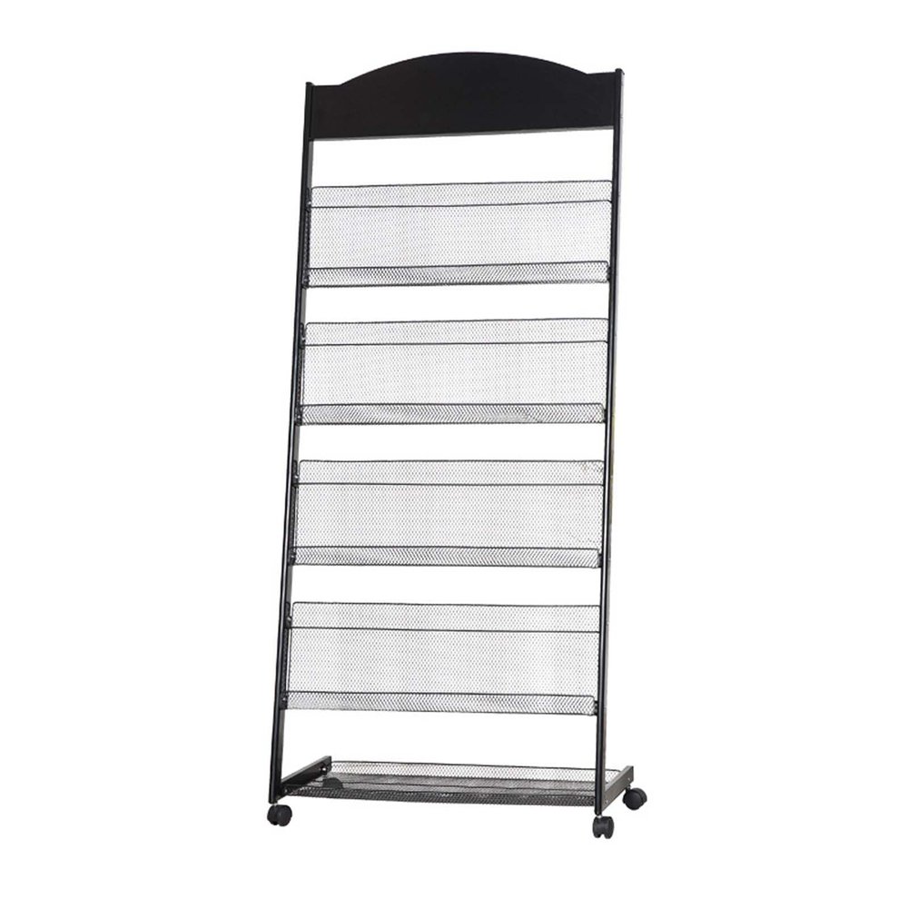 SRHIMEOS Floor-Standing Wire Magazine Rack 25x14x57inch, 4-Layer Brochure Display Stand, Metal Literature Stand with Wheels, Newspaper Rack for Exhibition Office, Easy to Move