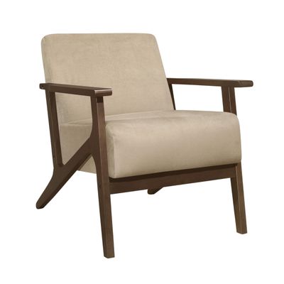 Benzara Rica 32 Inch Accent Armchair- Soft Beige Velvet- Walnut Brown Solid Wood